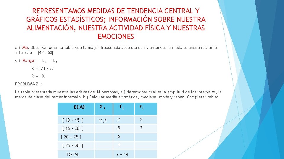 REPRESENTAMOS MEDIDAS DE TENDENCIA CENTRAL Y GRÁFICOS ESTADÍSTICOS; INFORMACIÓN SOBRE NUESTRA ALIMENTACIÓN, NUESTRA ACTIVIDAD