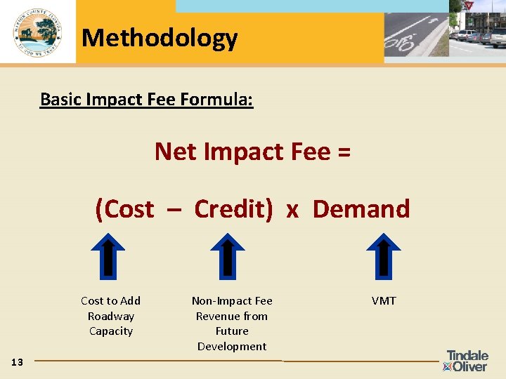 Methodology Basic Impact Fee Formula: Net Impact Fee = (Cost – Credit) x Demand