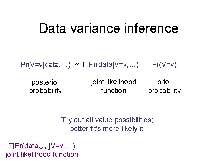 Data variance inference Pr(V=v|data, …) Pr(data|V=v, …) Pr(V=v) posterior probability joint likelihood function prior