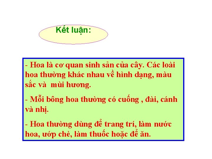 Kết luận: - Hoa là cơ quan sinh sản của cây. Các loài hoa