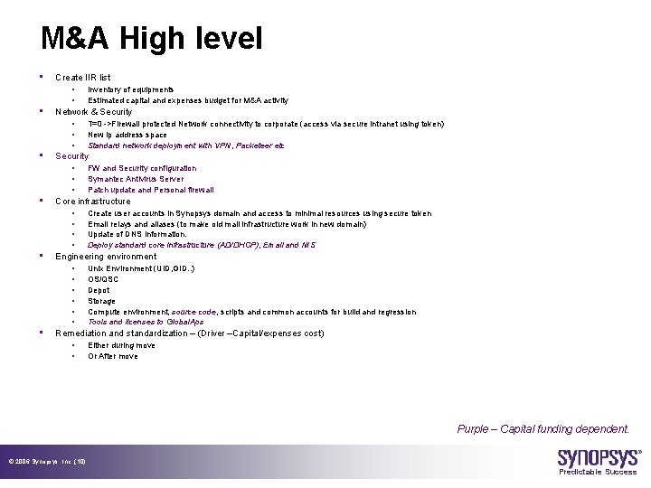 M&A High level • • • Create IIR list § § Inventory of equipments
