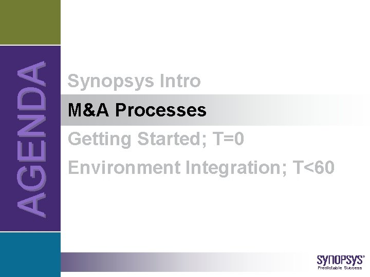 A G E NDA Synopsys Intro M&A Processes Getting Started; T=0 Environment Integration; T<60