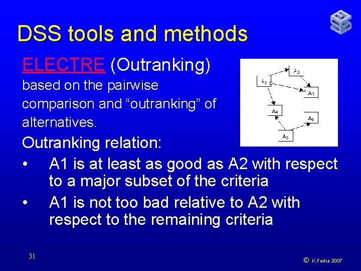 DSS tools and methods ELECTRE (Outranking) based on the pairwise comparison and “outranking” of