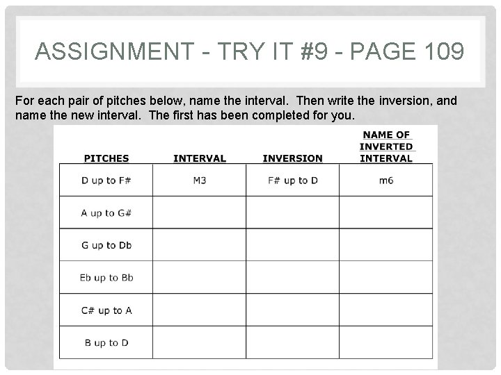 ASSIGNMENT - TRY IT #9 - PAGE 109 For each pair of pitches below,