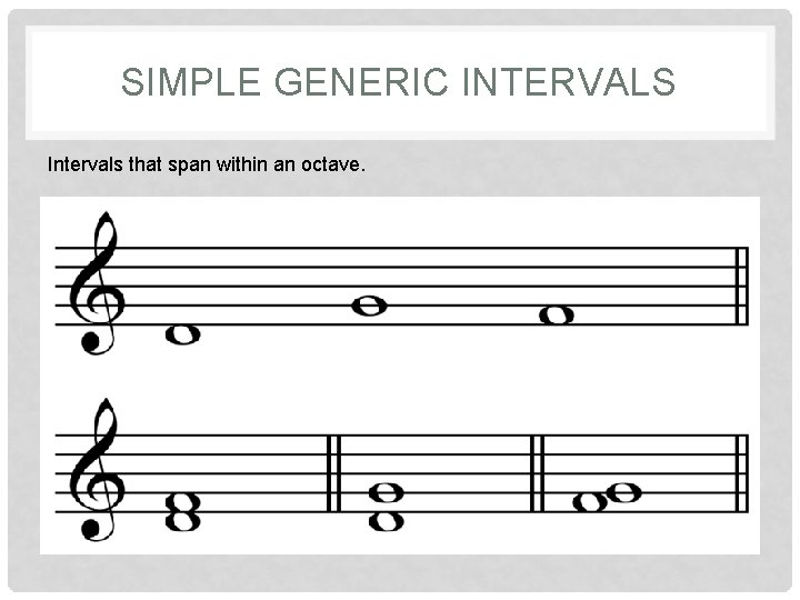 SIMPLE GENERIC INTERVALS Intervals that span within an octave. SIMPLE GENERIC INTERVALS Intervals that span within an octave.