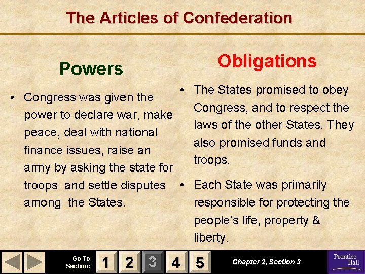 The Articles of Confederation Powers Obligations • The States promised to obey • Congress