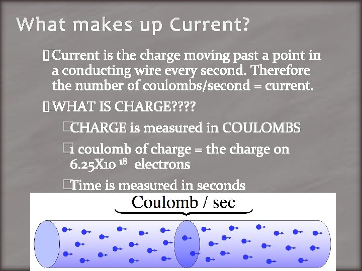 What makes up Current? �Current is the charge moving past a point in a