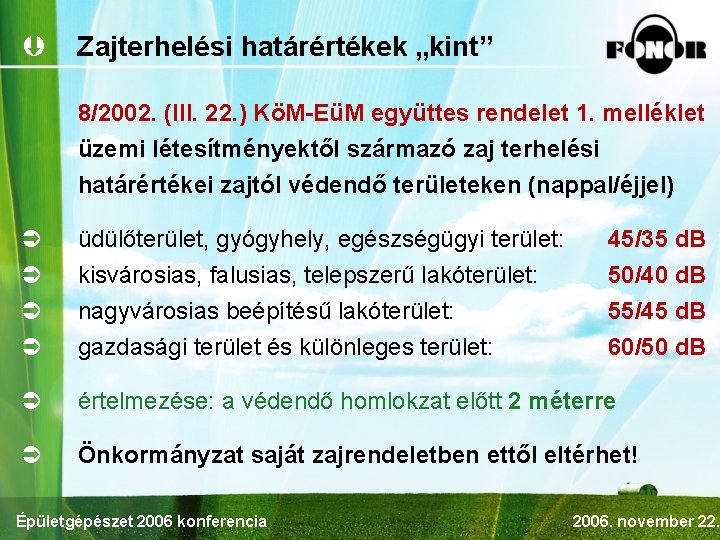 Þ Zajterhelési határértékek „kint” 8/2002. (III. 22. ) KöM-EüM együttes rendelet 1. melléklet üzemi