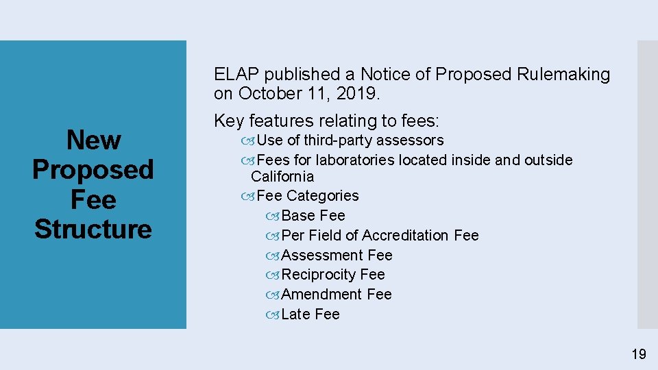 ELAP published a Notice of Proposed Rulemaking on October 11, 2019. New Proposed Fee