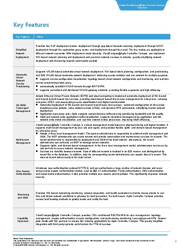 Huawei Cloud. Cmpus@Agile Controller-Campus Datasheet Key Features Key Feature Simplified Network Deployment Automatic Virtual Huawei Cloud. Cmpus@Agile Controller-Campus Datasheet Key Features Key Feature Simplified Network Deployment Automatic Virtual