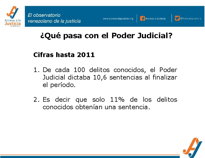 ¿Qué pasa con el Poder Judicial? Cifras hasta 2011 1. De cada 100 delitos