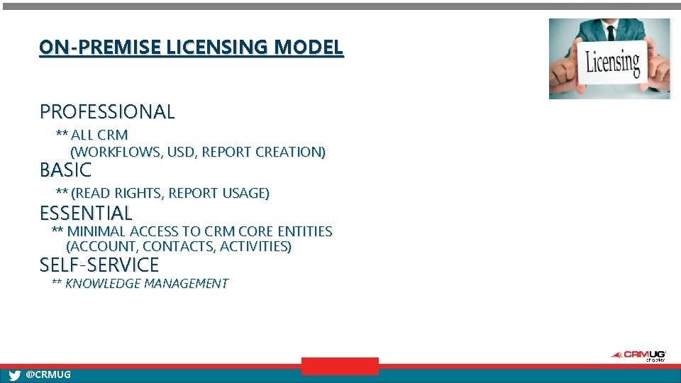 ON-PREMISE LICENSING MODEL PROFESSIONAL ** ALL CRM (WORKFLOWS, USD, REPORT CREATION) BASIC ** (READ