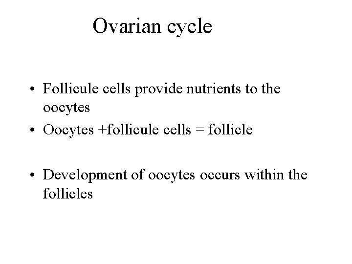 Ovarian cycle • Follicule cells provide nutrients to the oocytes • Oocytes +follicule cells