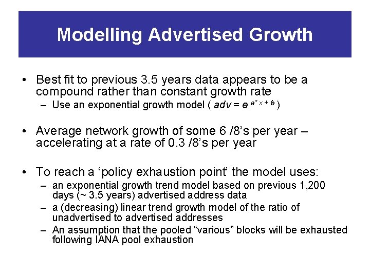 Modelling Advertised Growth • Best fit to previous 3. 5 years data appears to