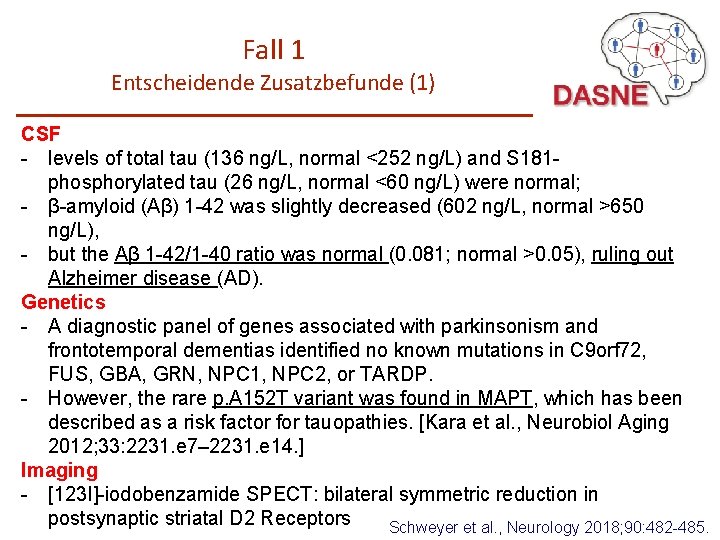 Fall 1 Entscheidende Zusatzbefunde (1) CSF - levels of total tau (136 ng/L, normal