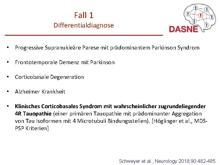 Fall 1 Differentialdiagnose • Progressive Supranukleäre Parese mit prädominantem Parkinson Syndrom • Frontotemporale Demenz