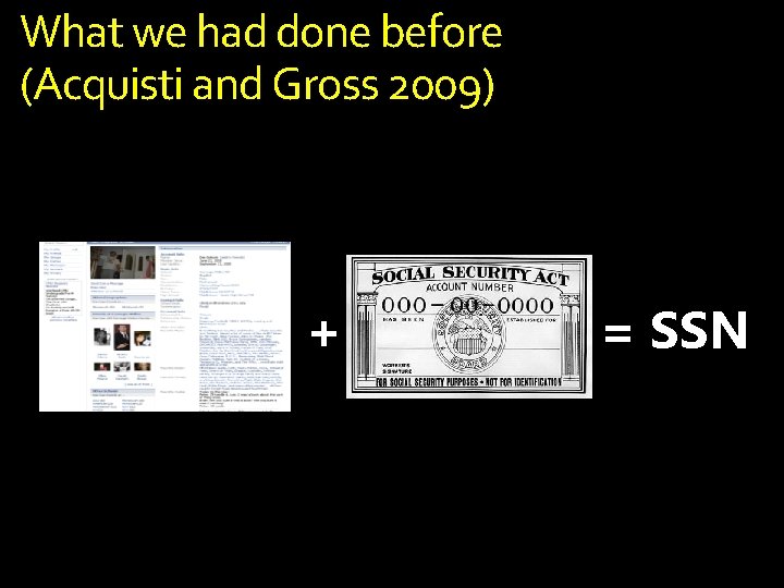 What we had done before (Acquisti and Gross 2009) + = SSN What we had done before (Acquisti and Gross 2009) + = SSN