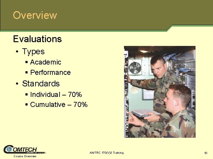 Overview Evaluations • Types § Academic § Performance • Standards § Individual – 70%