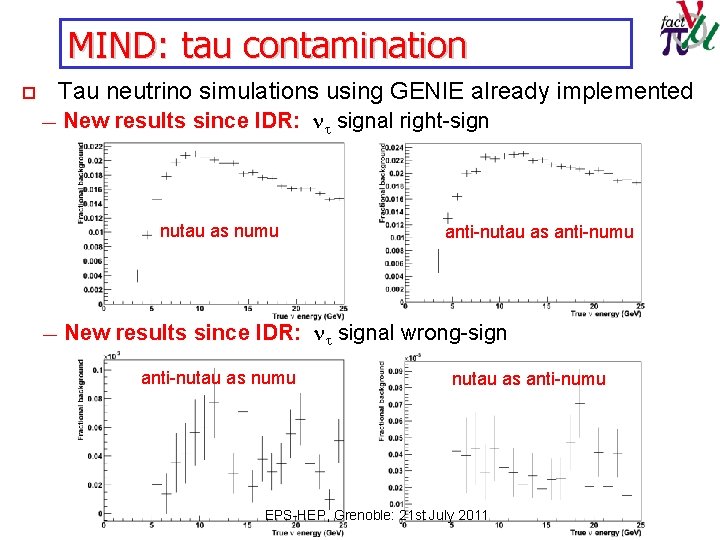 MIND: tau contamination Tau neutrino simulations using GENIE already implemented o ― New results