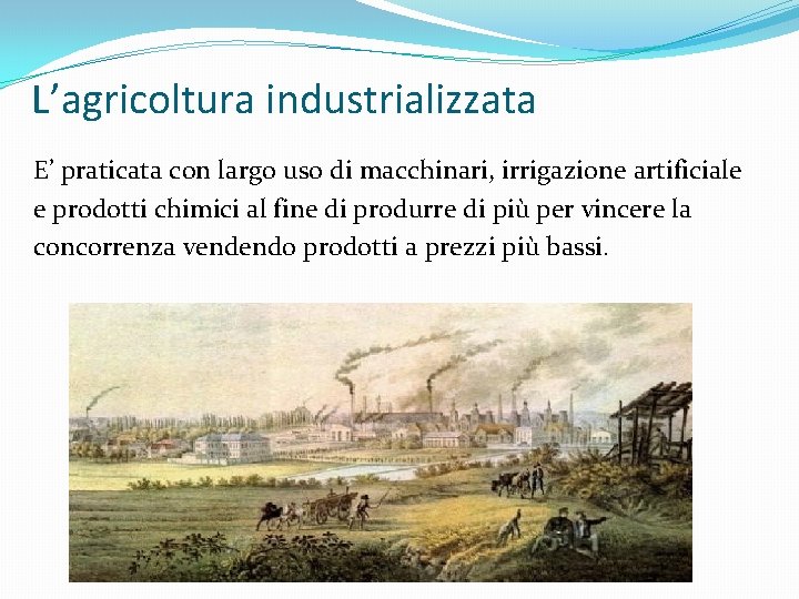 L’agricoltura industrializzata E’ praticata con largo uso di macchinari, irrigazione artificiale e prodotti chimici