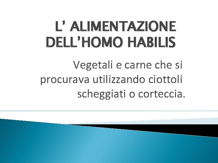 L’ ALIMENTAZIONE DELL’HOMO HABILIS Vegetali e carne che si procurava utilizzando ciottoli scheggiati o