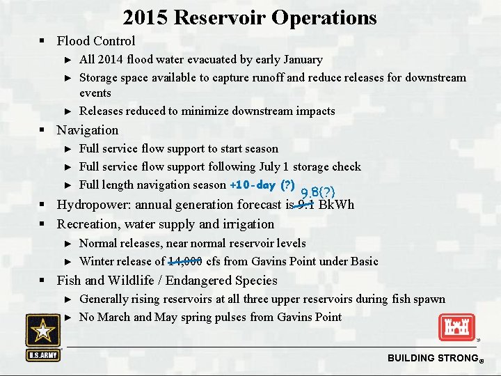 2015 Reservoir Operations § Flood Control ► ► ► All 2014 flood water evacuated