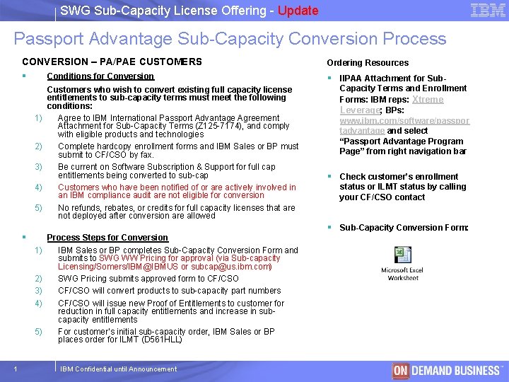 SWG Sub-Capacity License Offering - Update Passport Advantage Sub-Capacity Conversion Process CONVERSION – PA/PAE