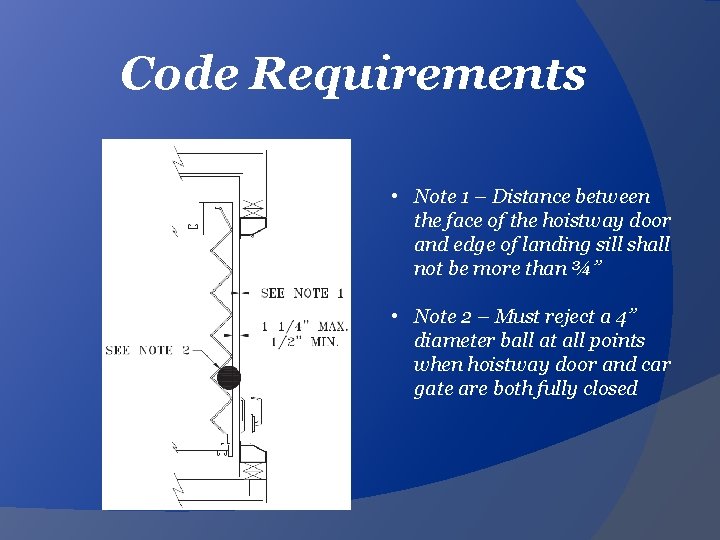 Code Requirements • Note 1 – Distance between the face of the hoistway door