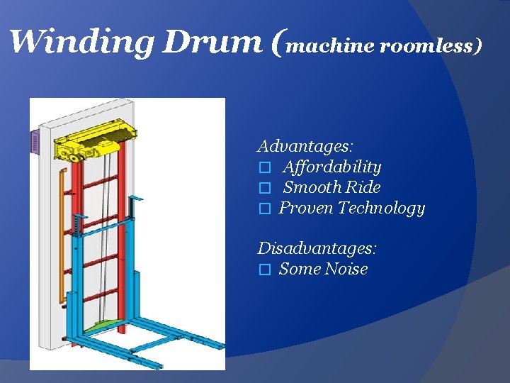 Winding Drum (machine roomless) Advantages: � Affordability � Smooth Ride � Proven Technology Disadvantages: