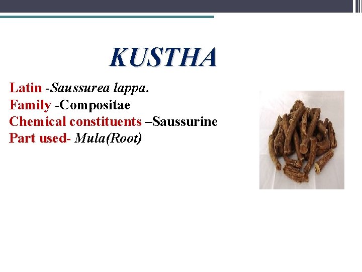 KUSTHA Latin -Saussurea lappa. Family -Compositae Chemical constituents –Saussurine Part used- Mula(Root) 