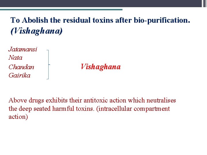 To Abolish the residual toxins after bio-purification. (Vishaghana) Jatamansi Nata Chandan Gairika Vishaghana Above