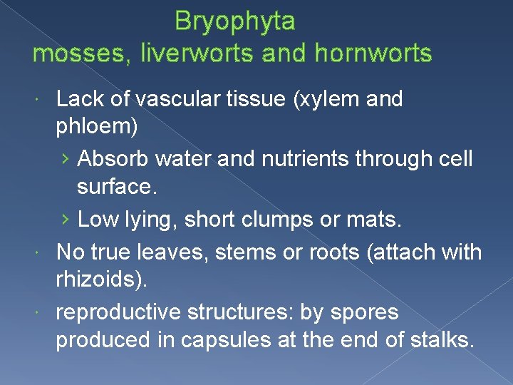 Bryophyta mosses, liverworts and hornworts Lack of vascular tissue (xylem and phloem) › Absorb