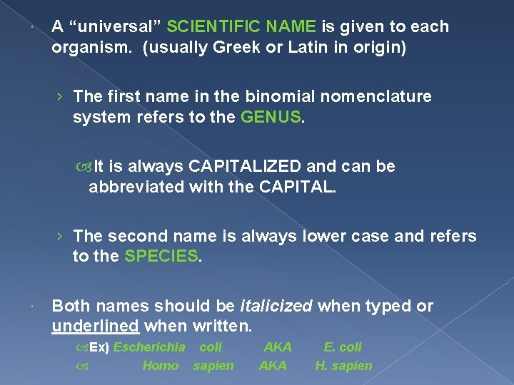  A “universal” SCIENTIFIC NAME is given to each organism. (usually Greek or Latin