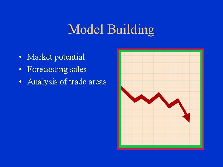Model Building • Market potential • Forecasting sales • Analysis of trade areas 