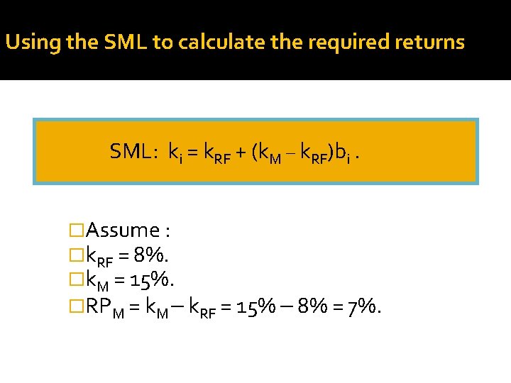 Using the SML to calculate the required returns SML: ki = k. RF +