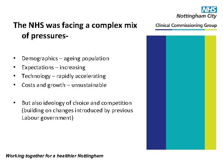 The NHS was facing a complex mix of pressures • • Demographics – ageing