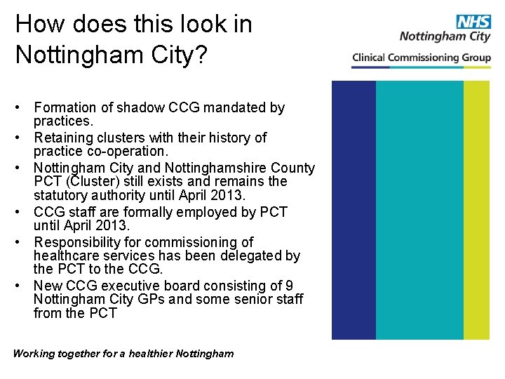 How does this look in Nottingham City? • Formation of shadow CCG mandated by