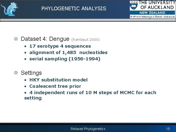 PHYLOGENETIC ANALYSIS Dataset 4: Dengue (Rambaut 2000) • 17 serotype 4 sequences • alignment