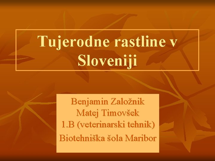 Tujerodne rastline v Sloveniji Benjamin Založnik Matej Timovšek 1. B (veterinarski tehnik) Biotehniška šola