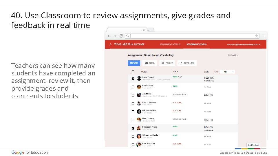 40. Use Classroom to review assignments, give grades and feedback in real time Teachers