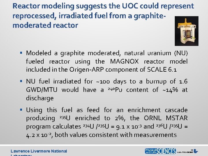 Reactor modeling suggests the UOC could represent reprocessed, irradiated fuel from a graphitemoderated reactor