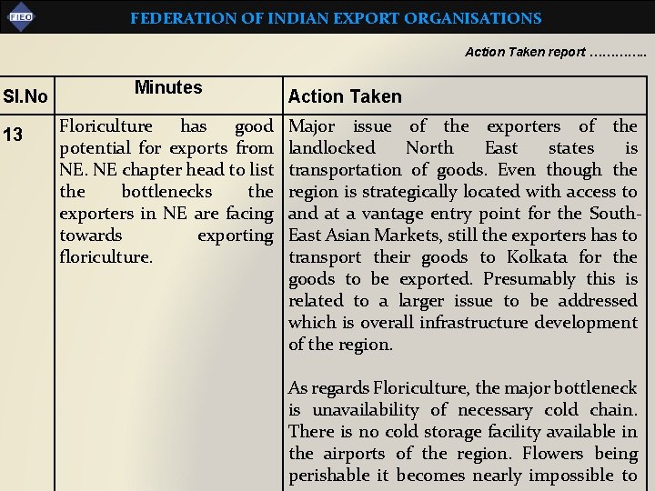 FEDERATION OF INDIAN EXPORT ORGANISATIONS Action Taken report …………. . Sl. No 13 Minutes