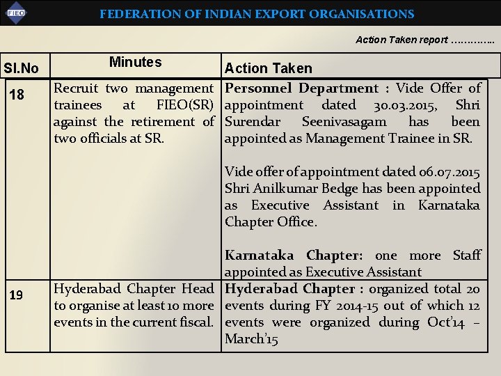 FEDERATION OF INDIAN EXPORT ORGANISATIONS Action Taken report …………. . Sl. No 18 Minutes