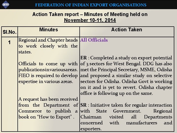 FEDERATION OF INDIAN EXPORT ORGANISATIONS Action Taken report – Minutes of Meeting held on