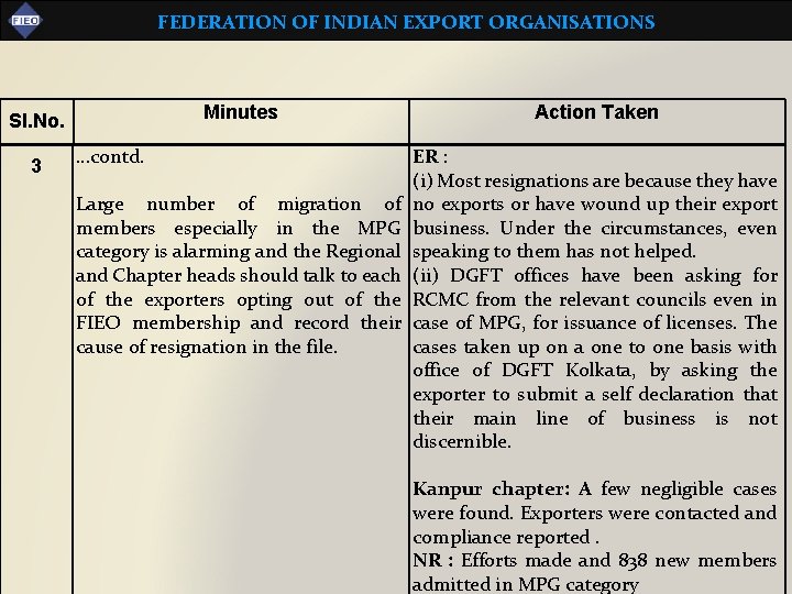 FEDERATION OF INDIAN EXPORT ORGANISATIONS Minutes Sl. No. 3 …contd. Large number of migration