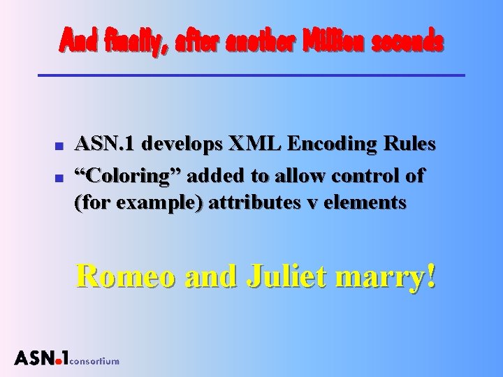 And finally, after another Million seconds n n ASN. 1 develops XML Encoding Rules