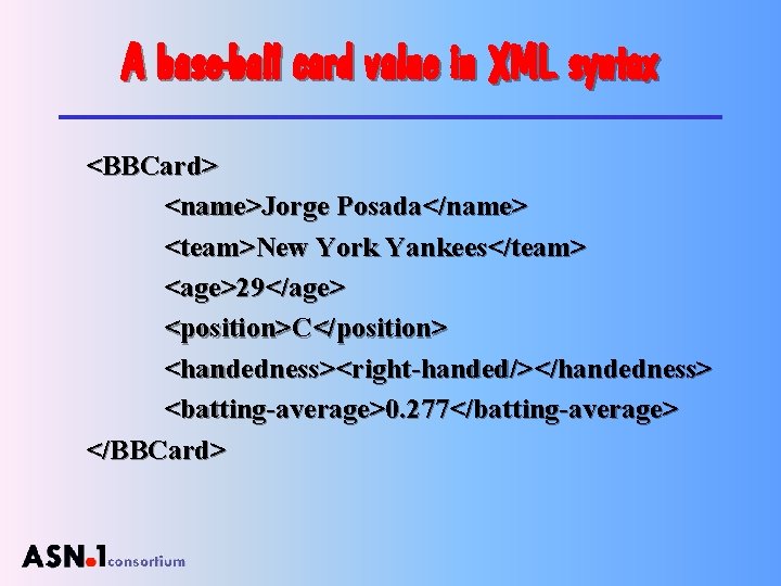 A base-ball card value in XML syntax <BBCard> <name>Jorge Posada</name> <team>New York Yankees</team> <age>29</age>