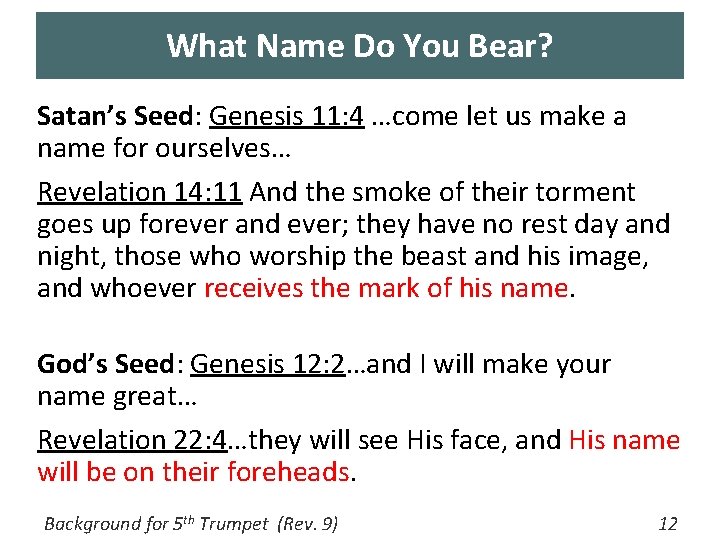 What Name Do You Bear? Satan’s Seed: Genesis 11: 4 …come let us make