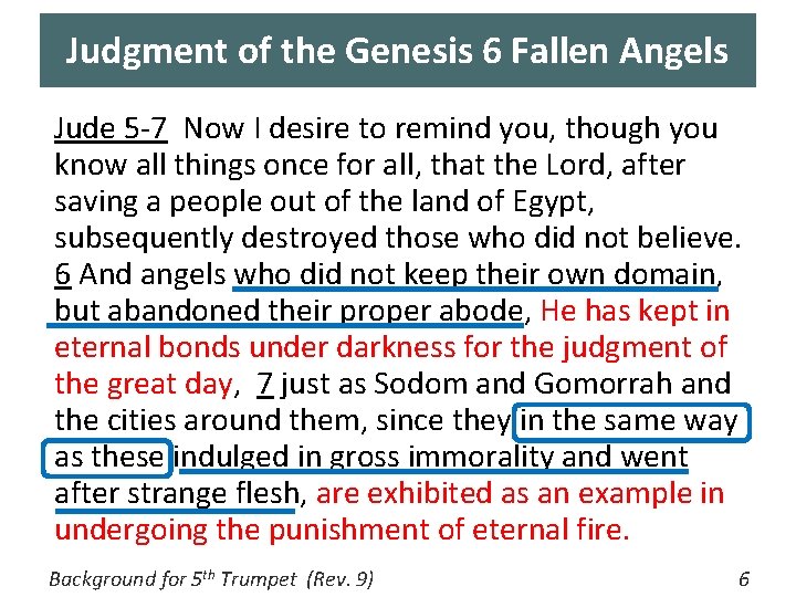 Judgment of the Genesis 6 Fallen Angels Jude 5 -7 Now I desire to