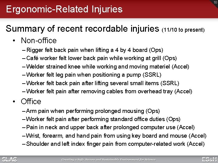 Ergonomic-Related Injuries Summary of recent recordable injuries (11/10 to present) • Non-office – Rigger Ergonomic-Related Injuries Summary of recent recordable injuries (11/10 to present) • Non-office – Rigger